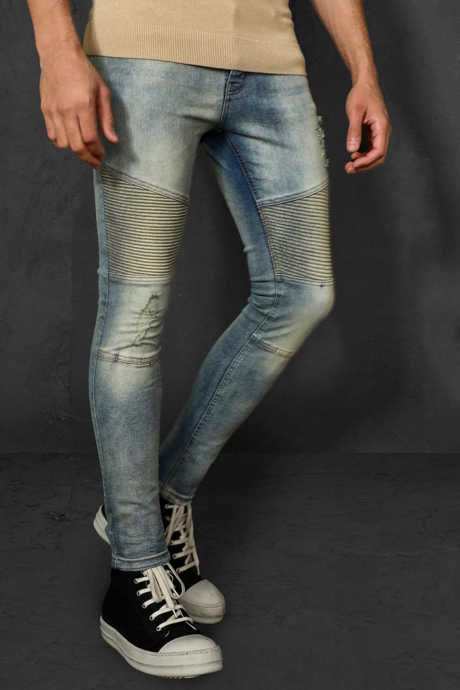 Super Skinny Biker-Jeans mit Rissen, Antique blue image number 1