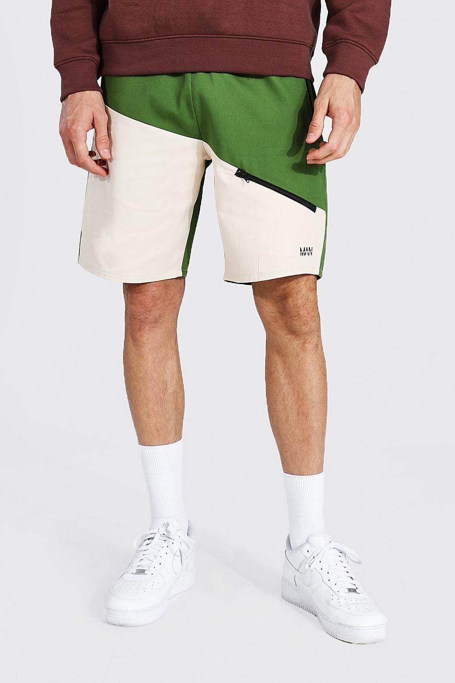 Pantaloncini Man stile Cargo effetto patchwork con tasche con zip, Khaki image number 1