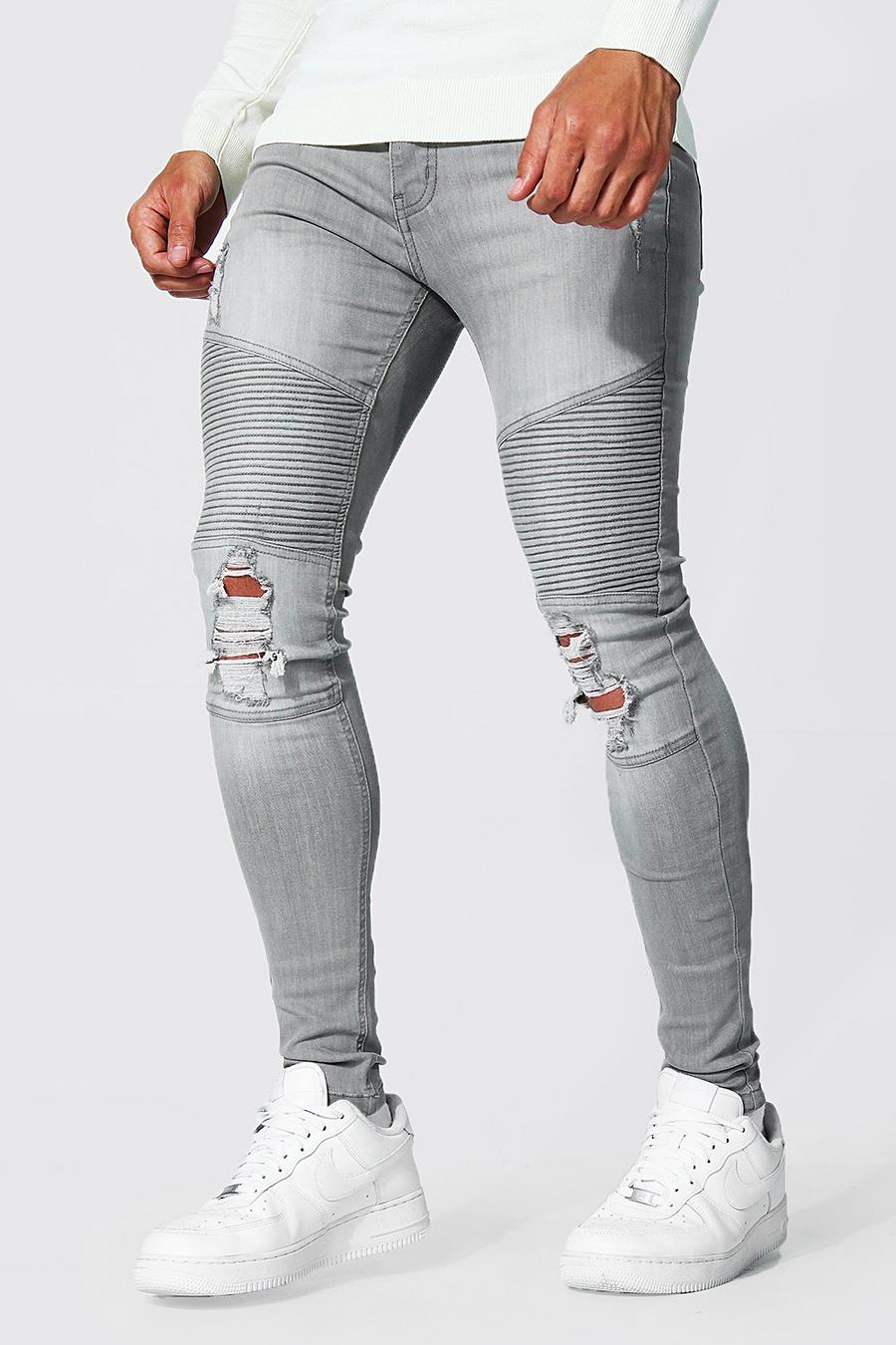 אפור ביניים סופר סקיני ג'ינס בסגנון אופנוענים עם רוכסן image number 1