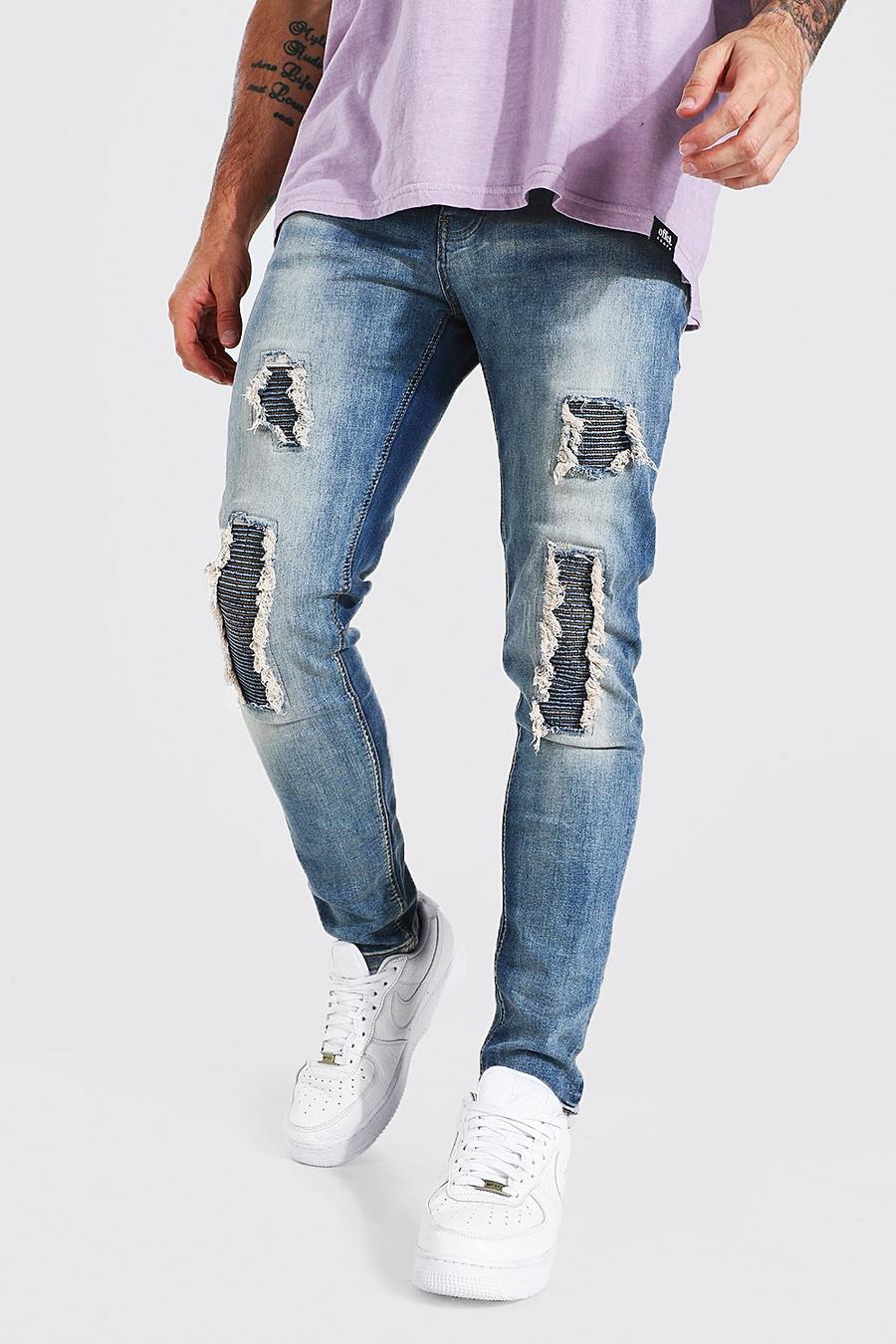 Mid blue Slitna skinny jeans med lagningar och bikerdetaljer image number 1