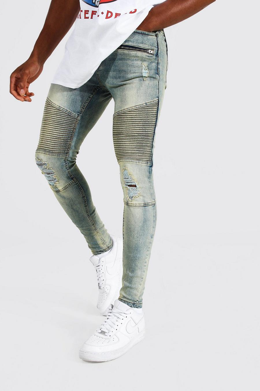 כחול עתיק סופר סקיני ג'ינס בסגנון אופנוענים עם רוכסן image number 1