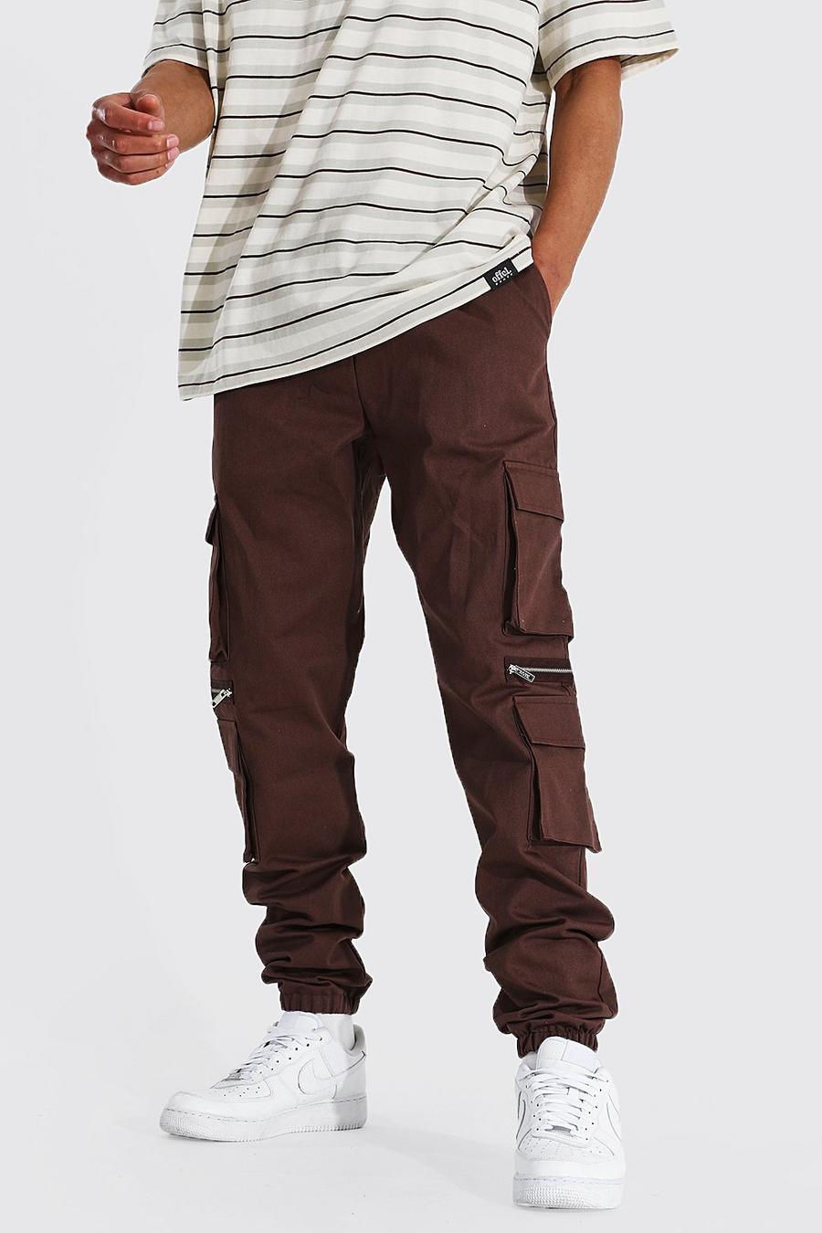 Pantaloncini tuta Cargo Tall Man in twill con tasche e zip, Chocolate marrón