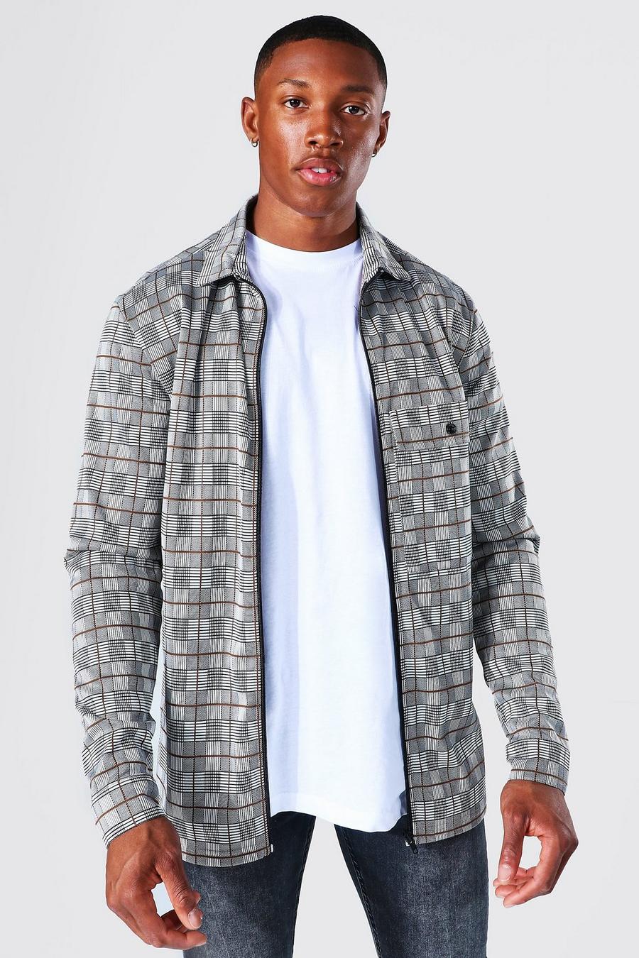 Brown Check Jacquard Utility Coach Zip Overshirt image number 1