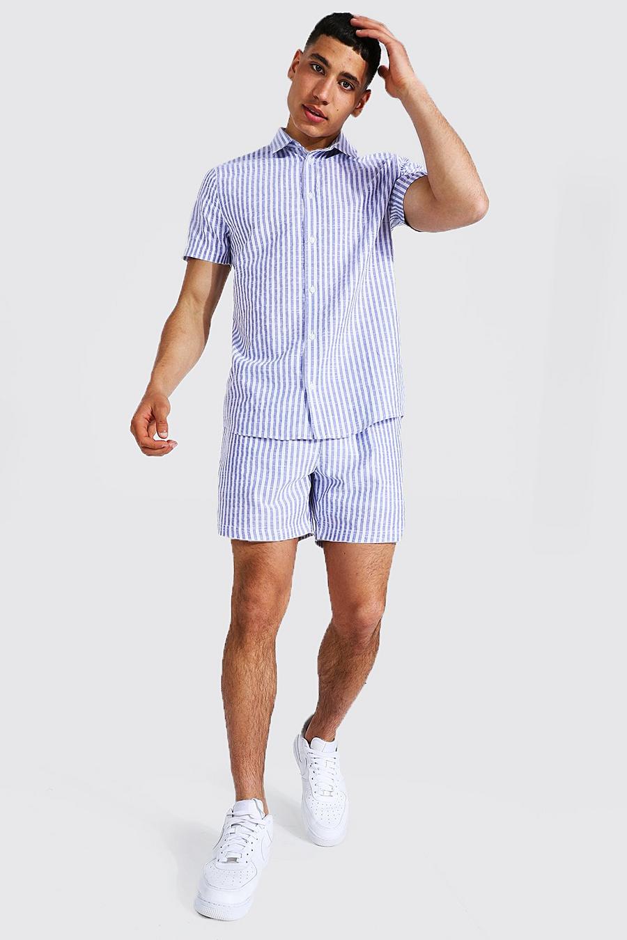 Kurzärmliges Hemd mit blauen Streifen & Shorts, Navy image number 1