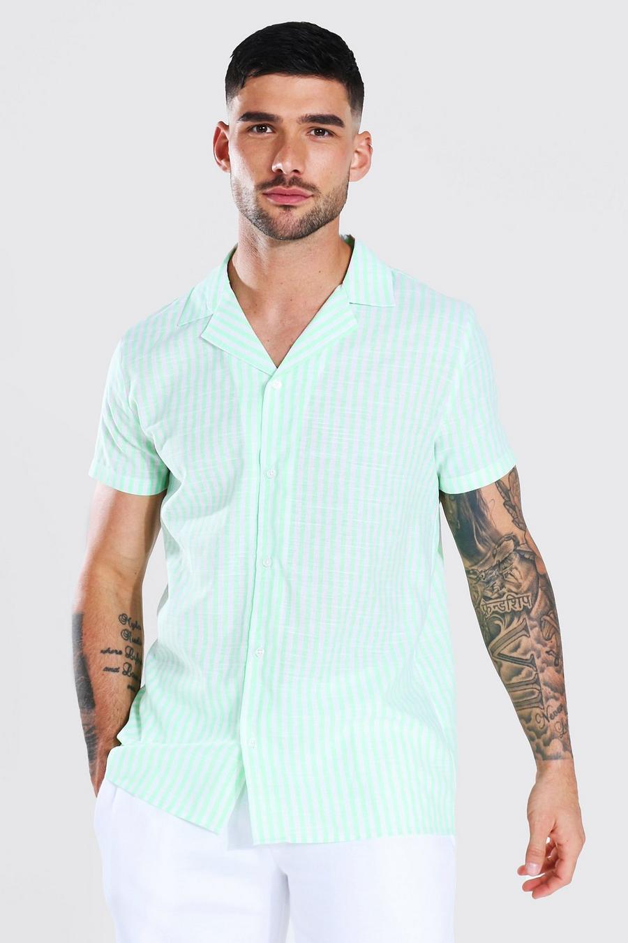 Mint Short Sleeve Neon Stripe Cotton Revere Shirt image number 1