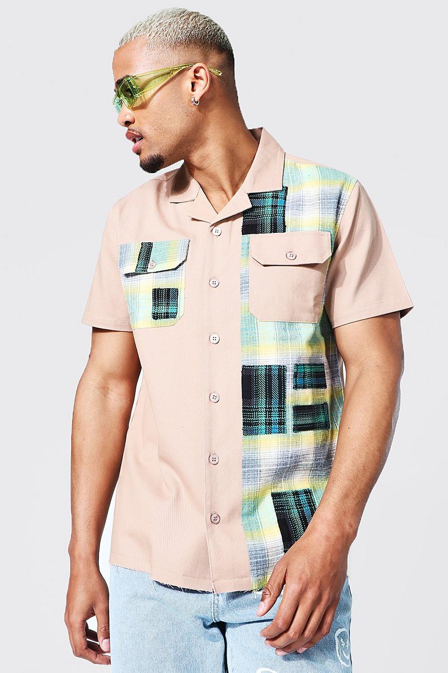 Taupe Short Sleeve Flannel Patchwork Shirt image number 1