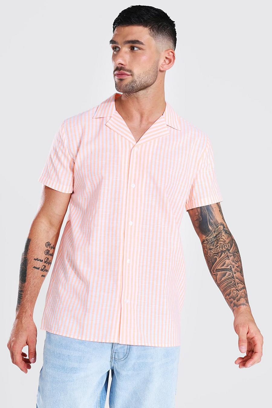 Orange Short Sleeve Neon Stripe Revere Cotton Shirt image number 1