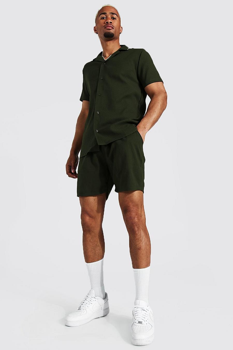 Kurzärmliges, strukturiertes Hemd und Shorts in Knitteroptik, Khaki image number 1