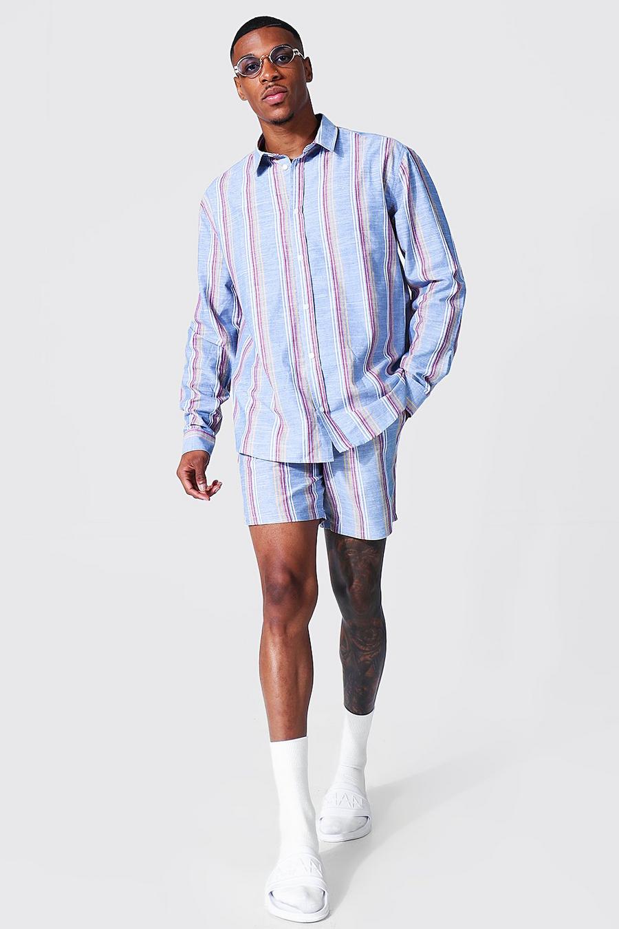 Blue Long Sleeve Cotton Stripe Shirt And Shorts image number 1