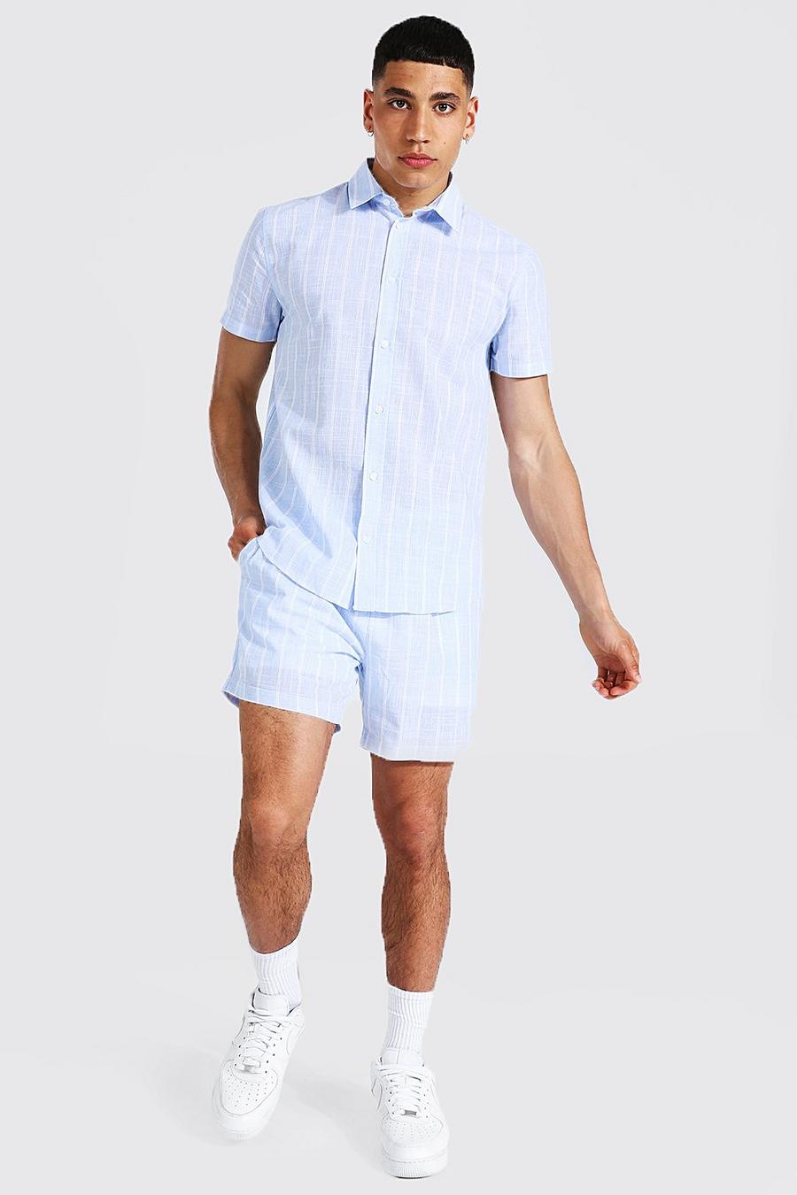Blue Short Sleeve Cotton Stripe Shirt And Shorts image number 1