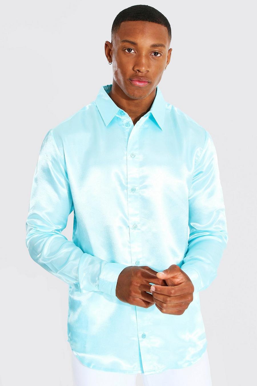 Blue Long Sleeve Satin Slim Shirt image number 1