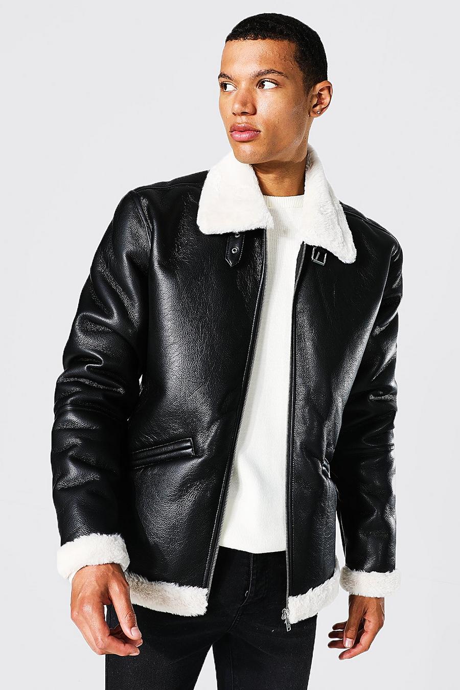 Black Tall Pu Aviator With Faux Fur Collar image number 1