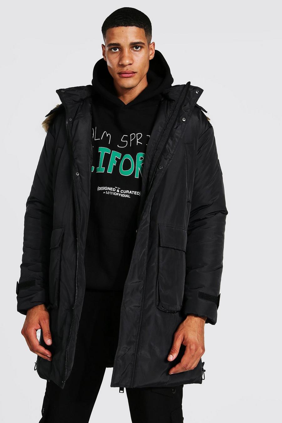 Black Tall Parka With Detachable Faux Fur Hood image number 1