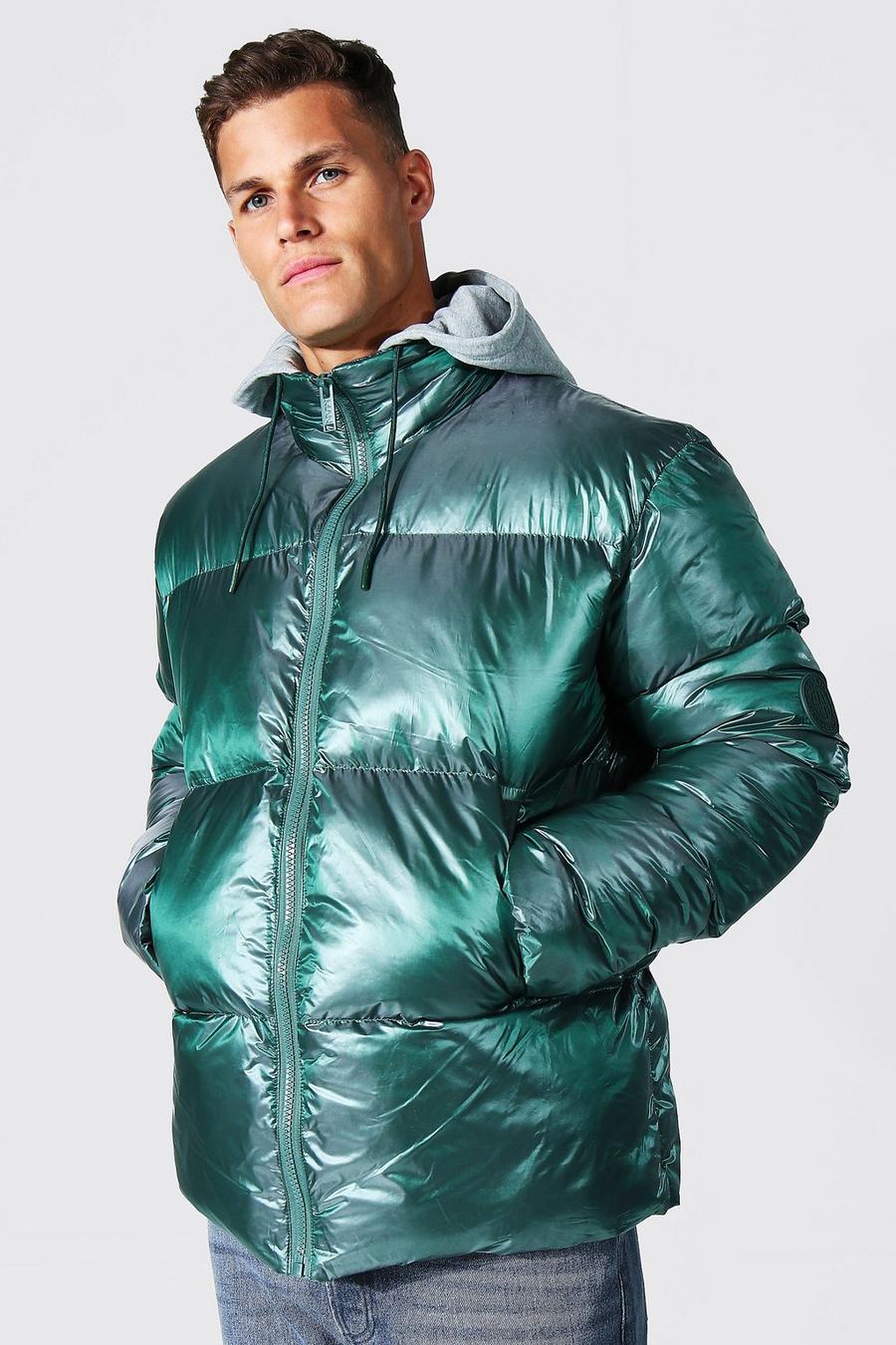 Green Tall 2-tone Puffer With Removable Jersey Hood image number 1