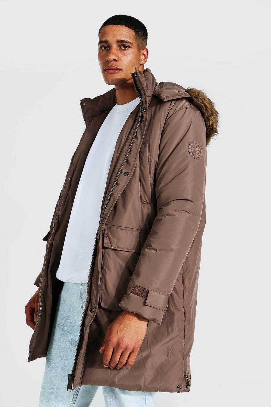 Khaki Tall Parka With Detachable Faux Fur Hood image number 1