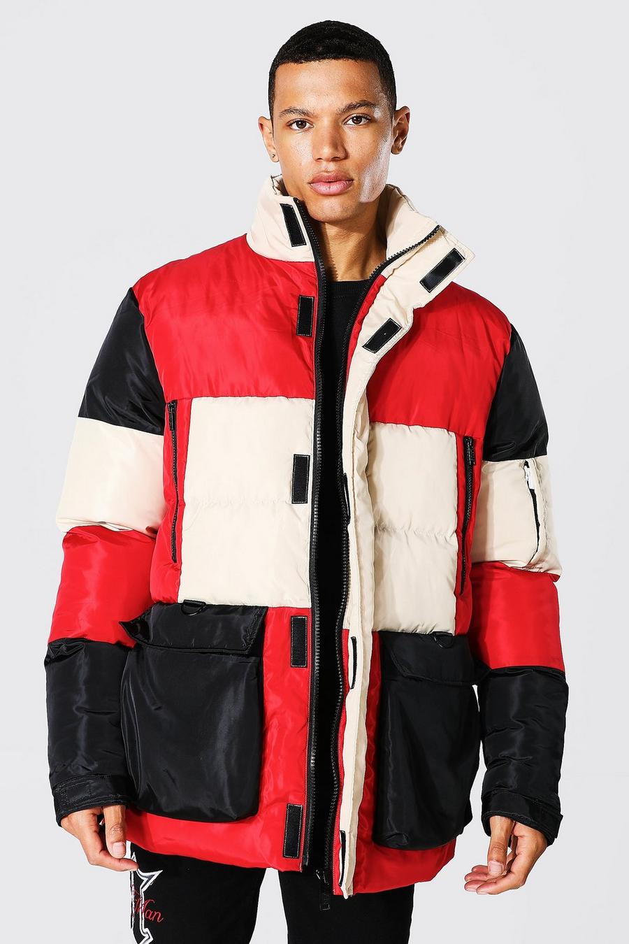 Red Tall Colour Block Padded Funnel Neck Parka image number 1