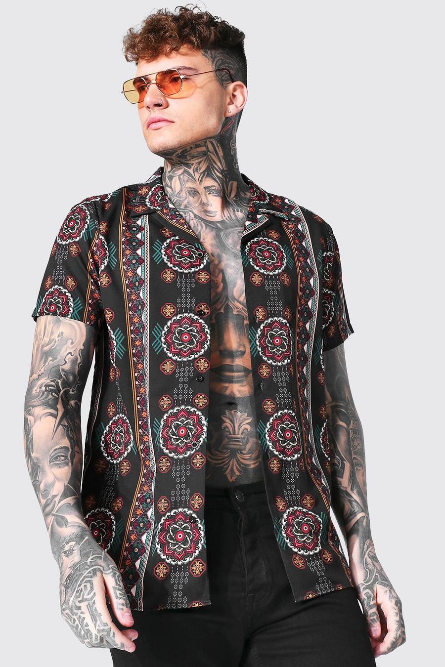Black Short Sleeve Aztec Revere Shirt image number 1