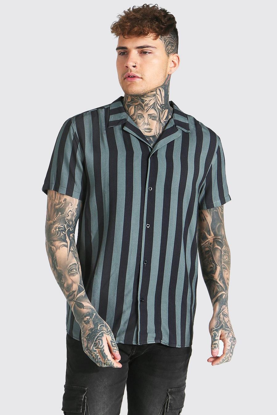 Brown Short Sleeve Viscose Stripe Shirt image number 1