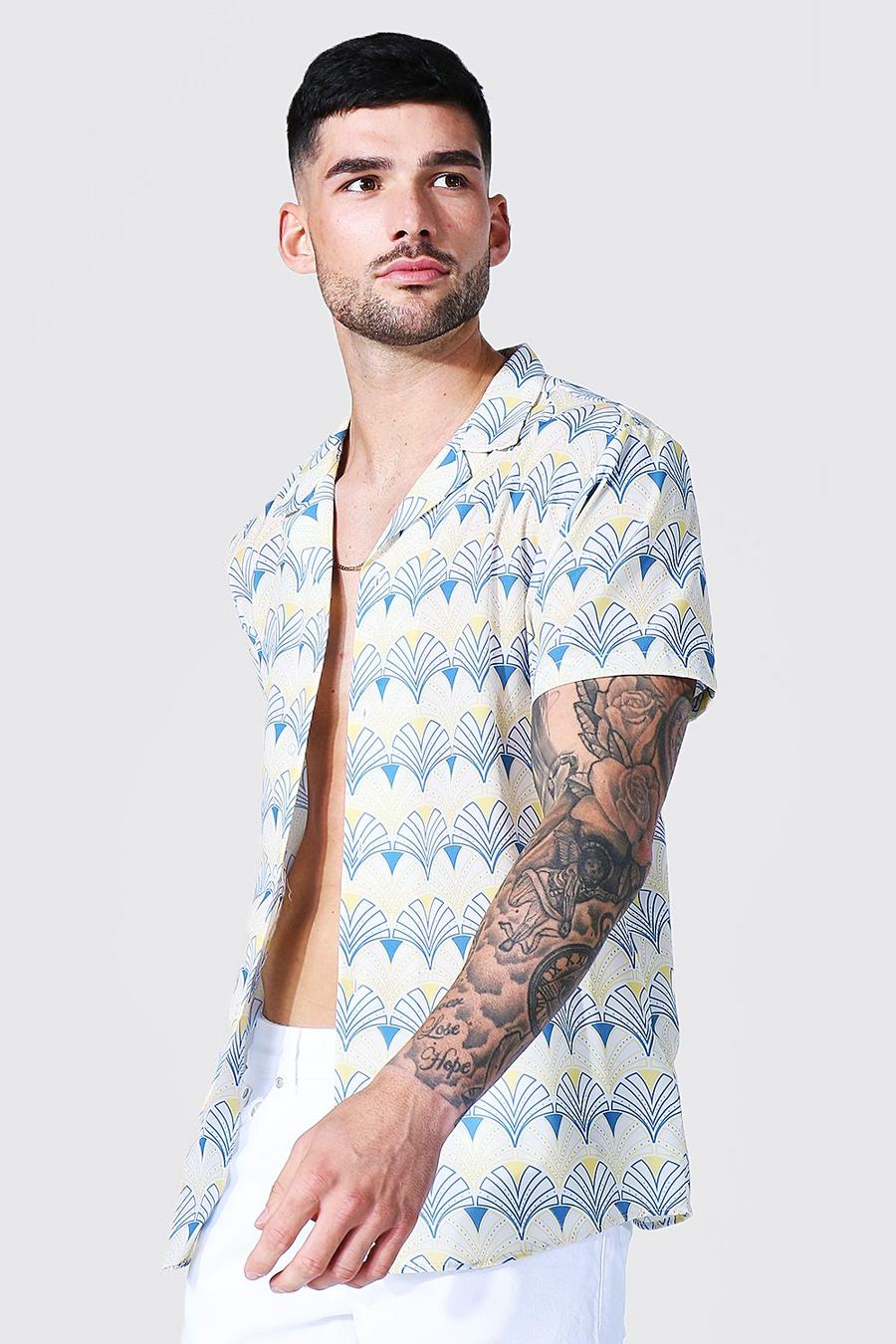 Chemise à manches courtes avec col tailleur et imprimé aztèque, Jaune image number 1