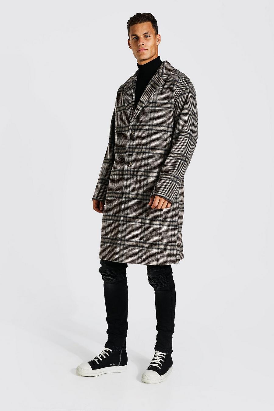 Brown Tall Grid Check Single Breasted Overcoat image number 1