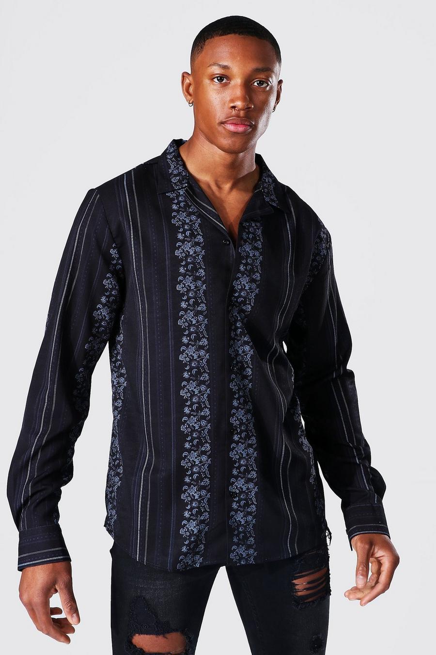 Camisa a rayas de manga larga floral, Negro image number 1