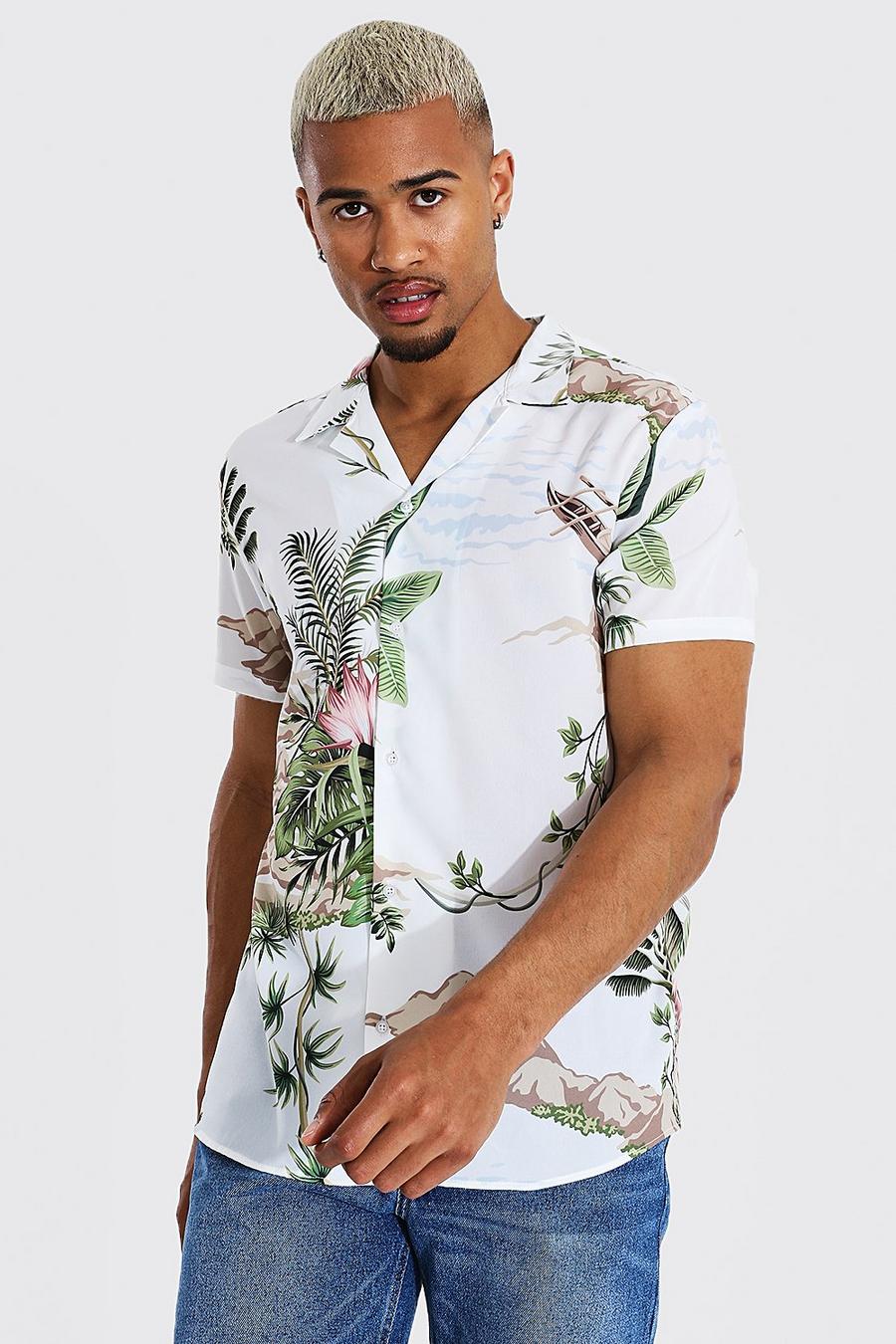 Camisa de manga corta con cuello de solapa y estampado de palmeras, Blanco image number 1