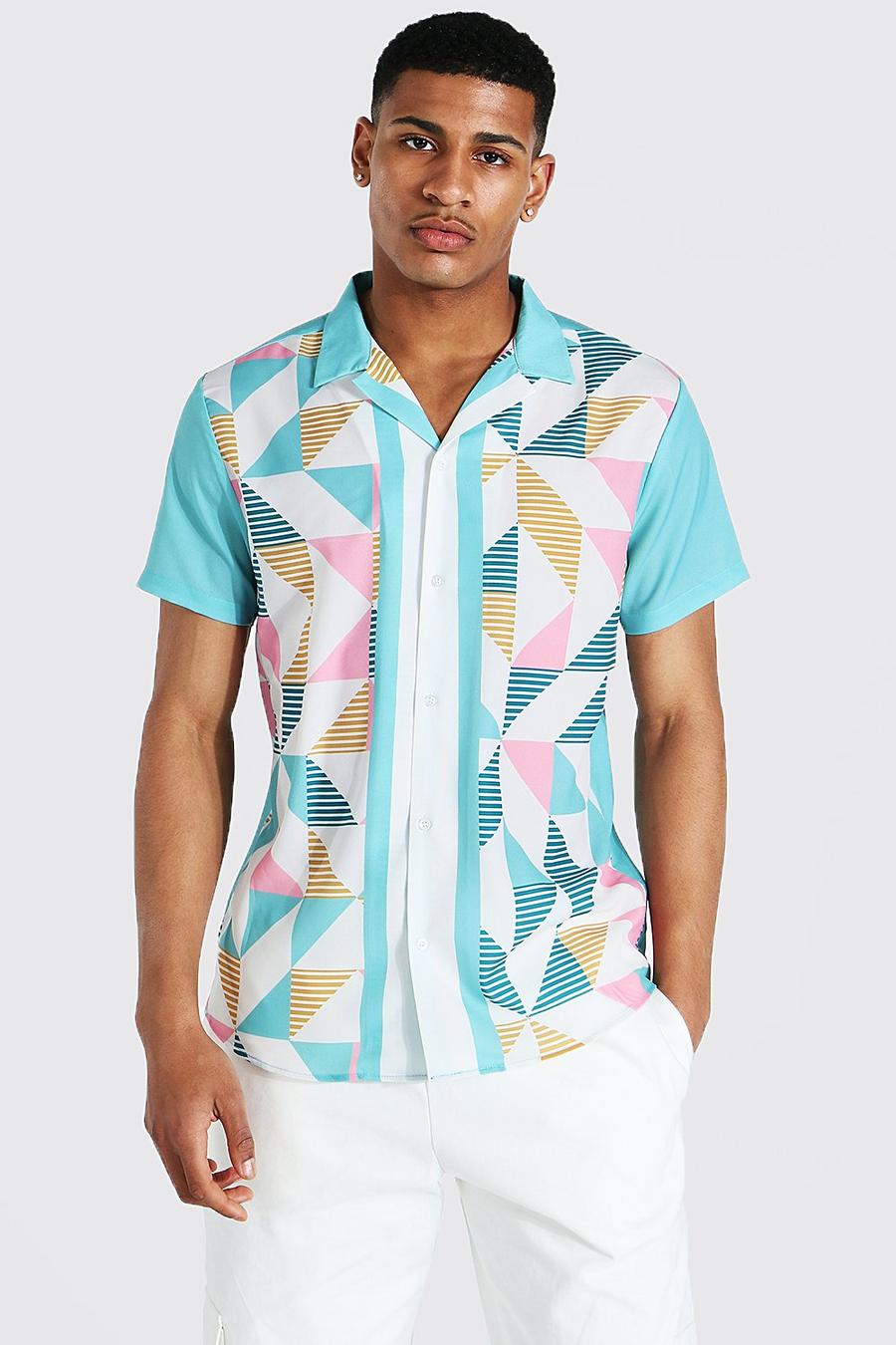 Camisa de manga corta con solapas y estampado geométrico con bordes en contraste, Mint image number 1