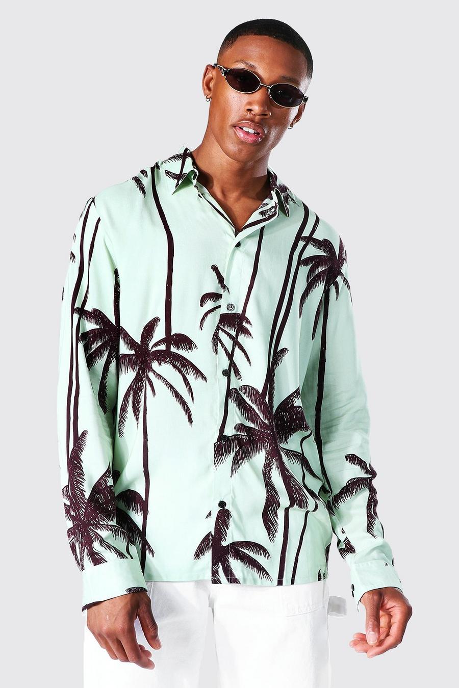 Khaki Long Sleeve Palm Print Viscose Shirt image number 1