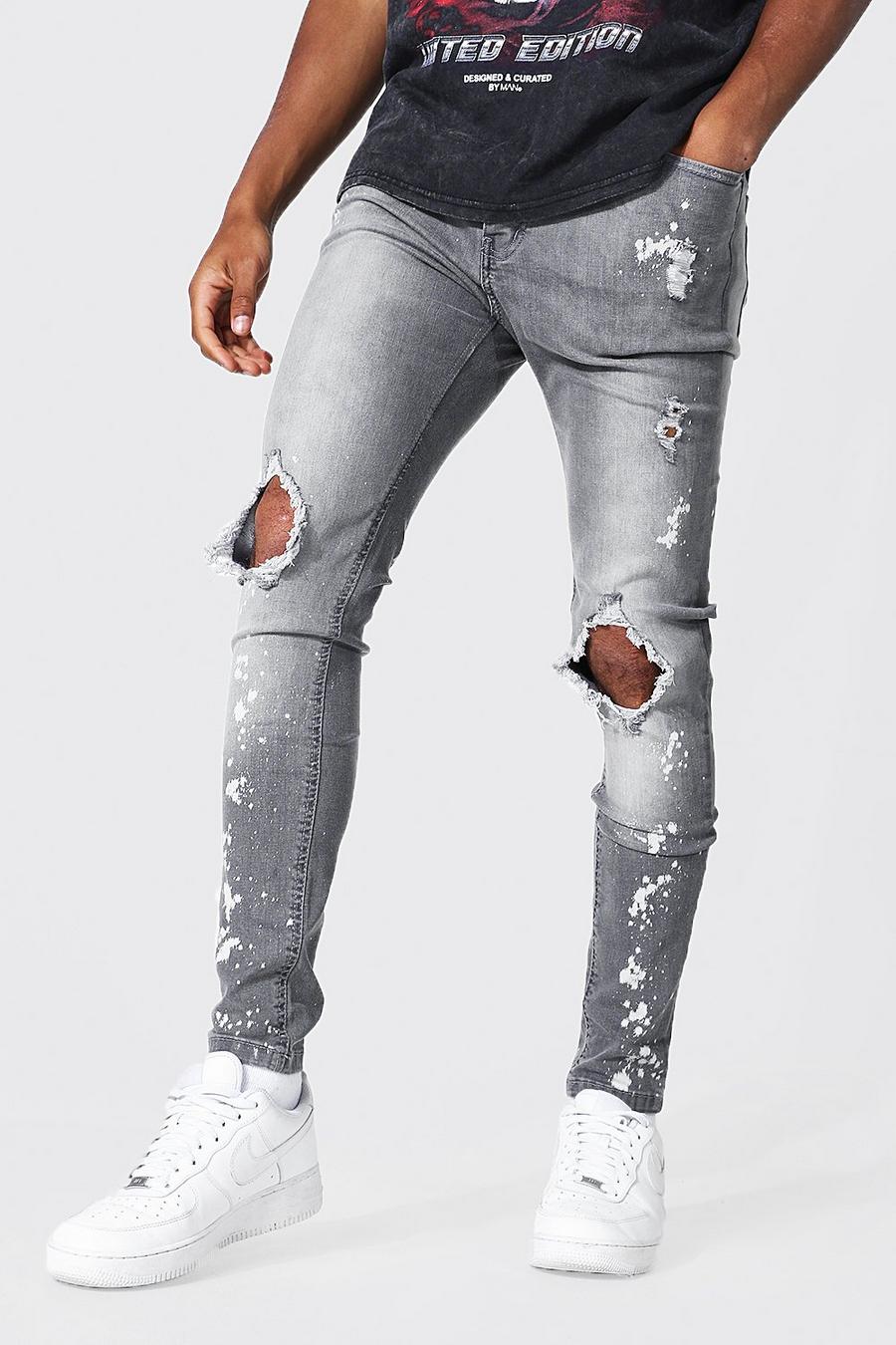 Mid grey Super Skinny Busted Knee Paint Splatter Jeans image number 1