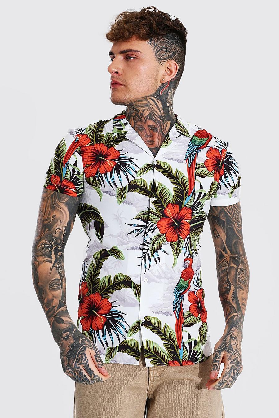 White Short Sleeve Floral Muscle Revere Shirt image number 1