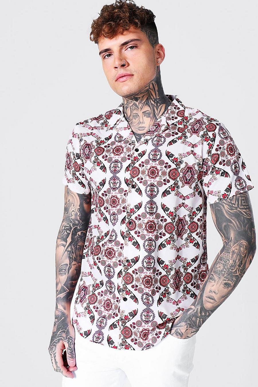 Ecru Kortärmad mönstrad skjorta med bowlingkrage image number 1