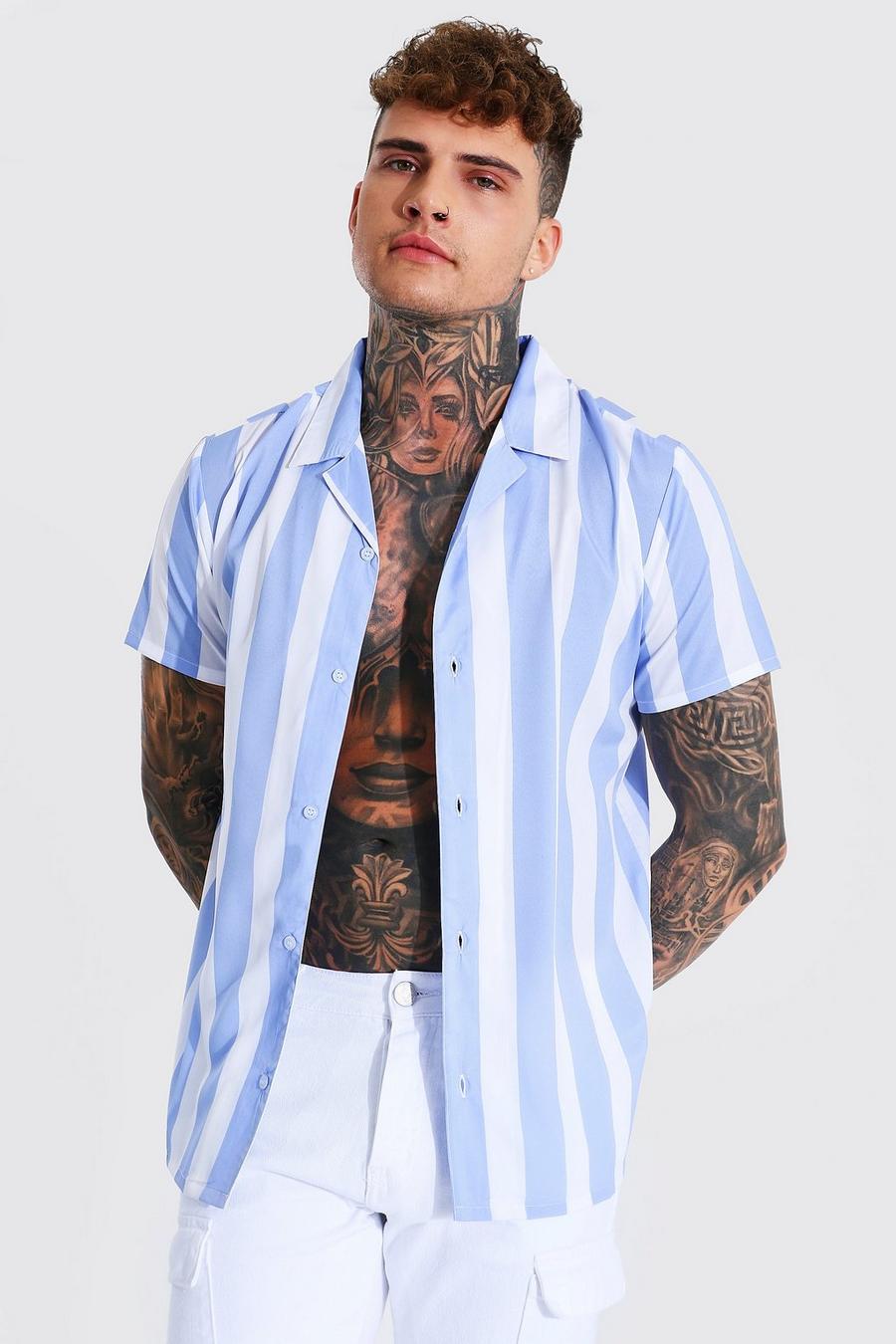 Blue Short Sleeve Stripe Revere Shirt