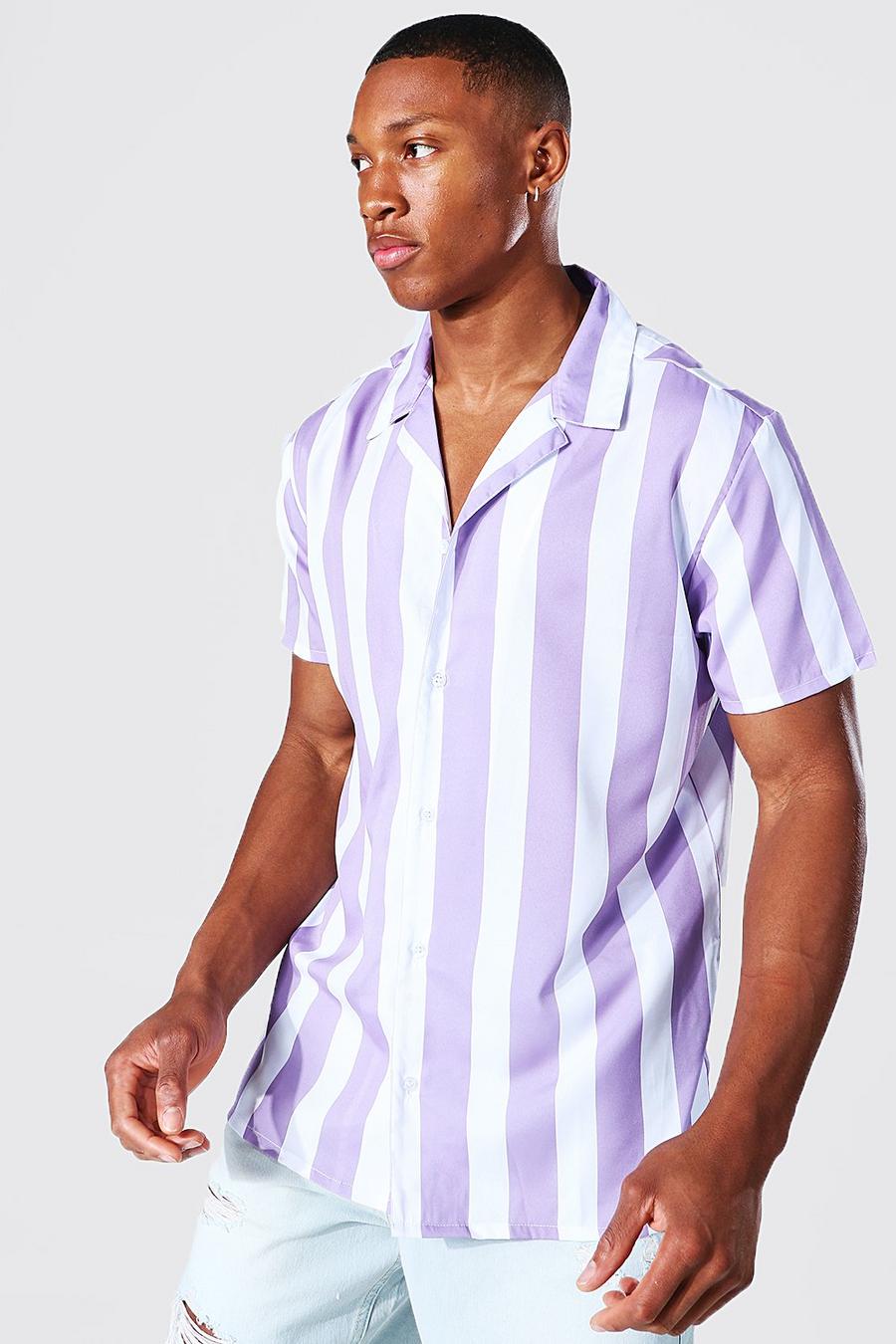 Camisa de manga corta de rayas con solapas, Lilac image number 1