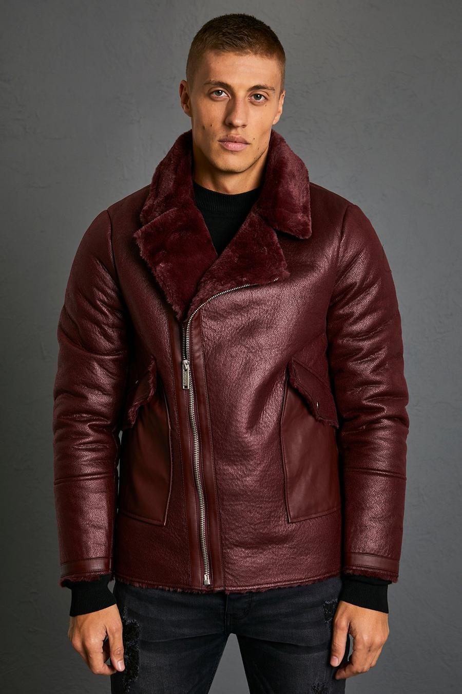 Burgundy Oversized Leather Look Biker With Faux Fur image number 1