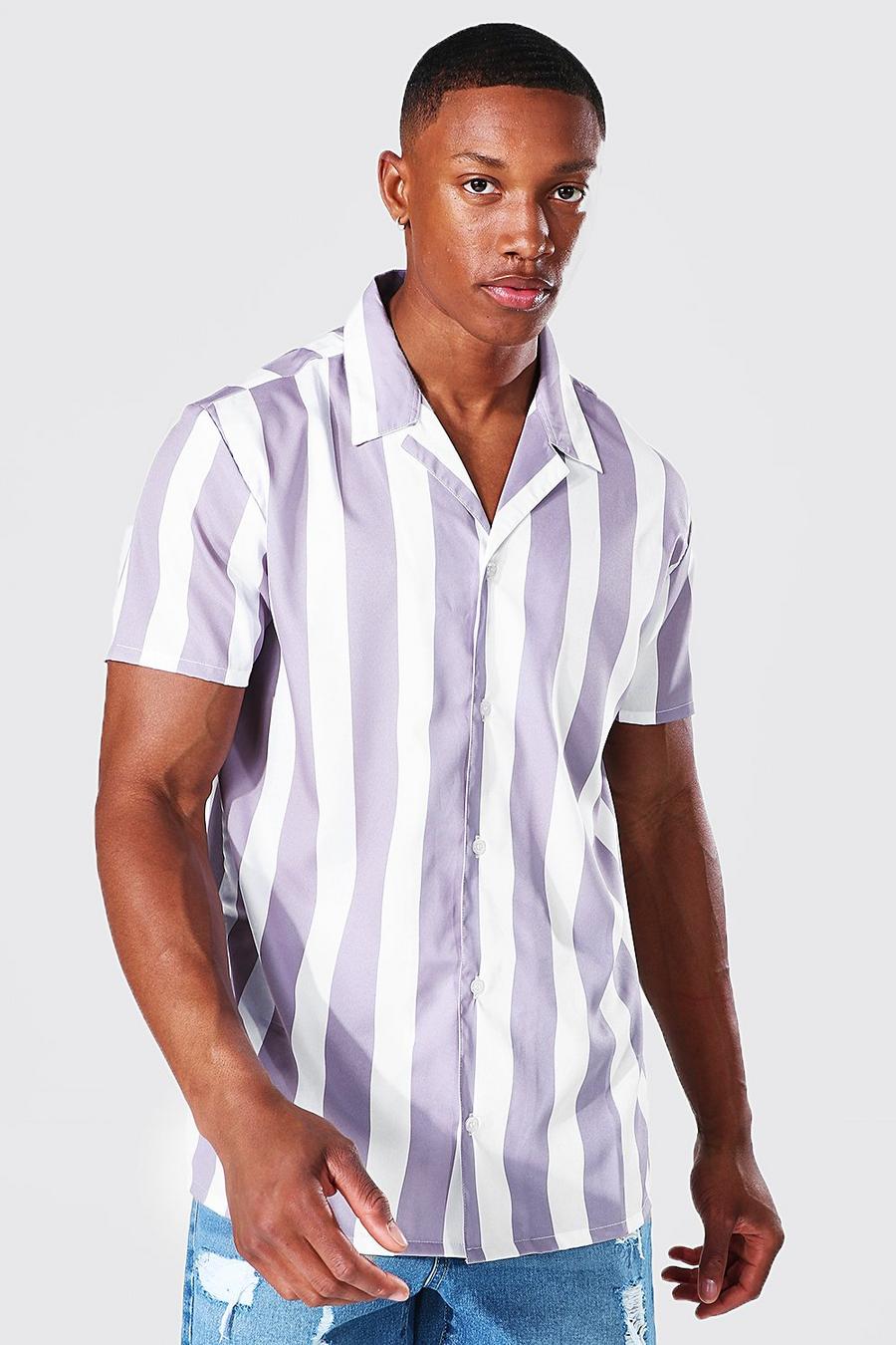 Brown Short Sleeve Stripe Revere Shirt image number 1