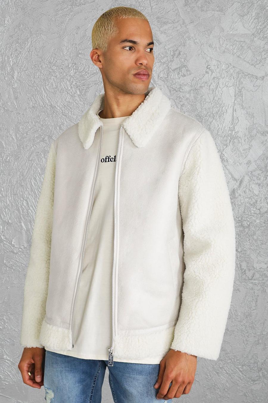 Ecru white Leather Look And Borg Bomber image number 1