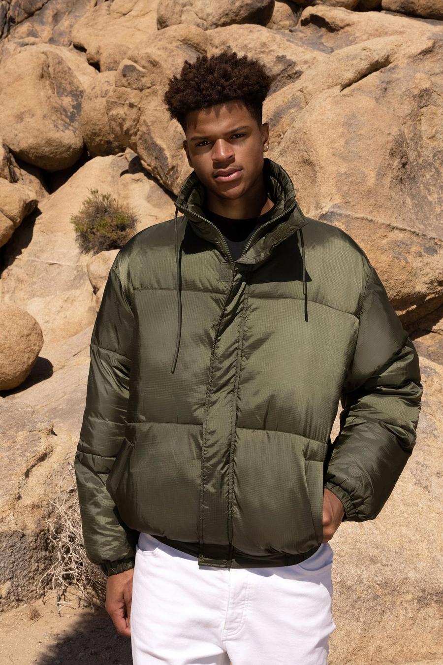 Khaki Tall Ripstop Funnel Neck Boxy Puffer Jacket image number 1