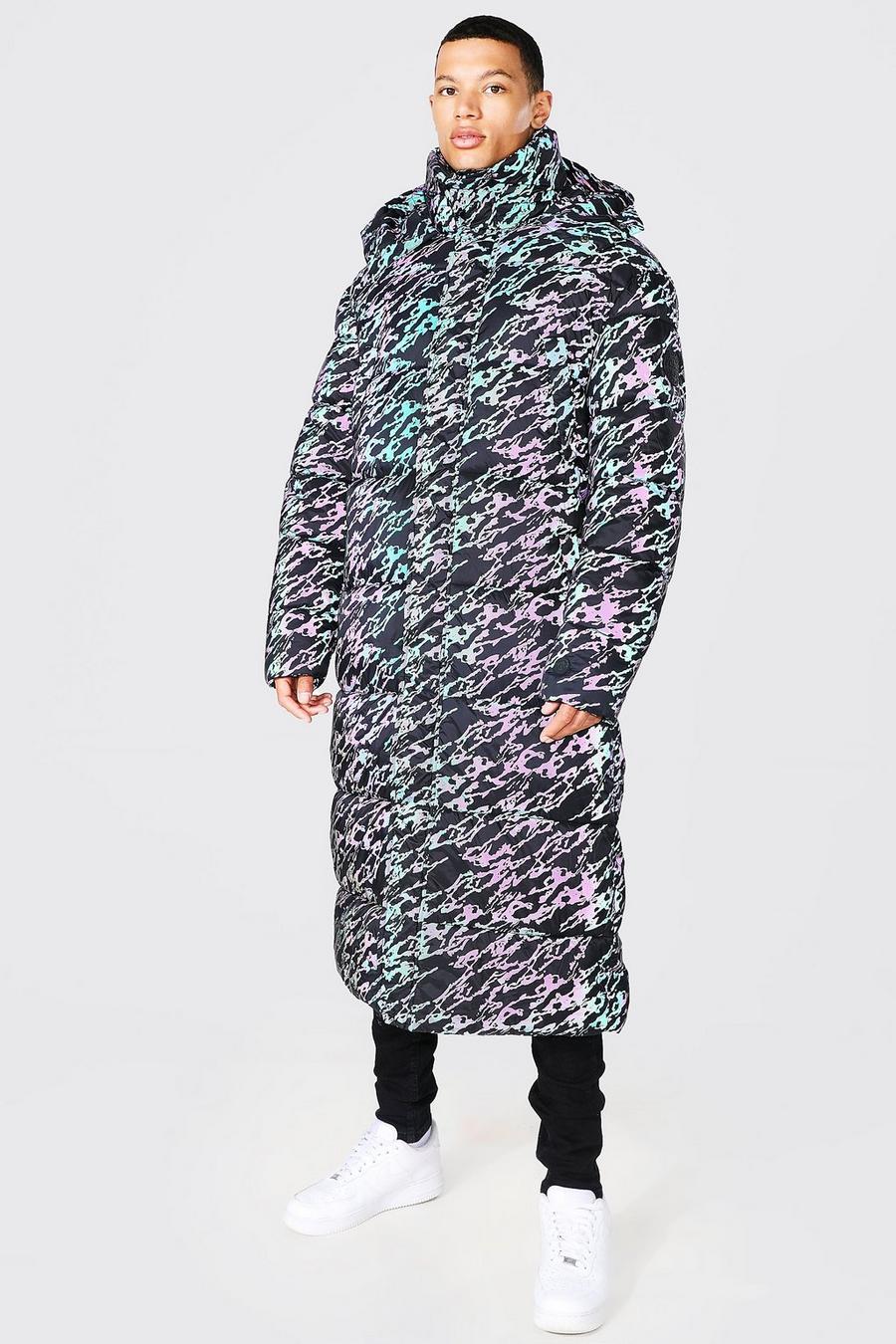 Chaqueta acolchada Tall de corte largo con estampado reflectante de camuflaje, Charcoal grey image number 1