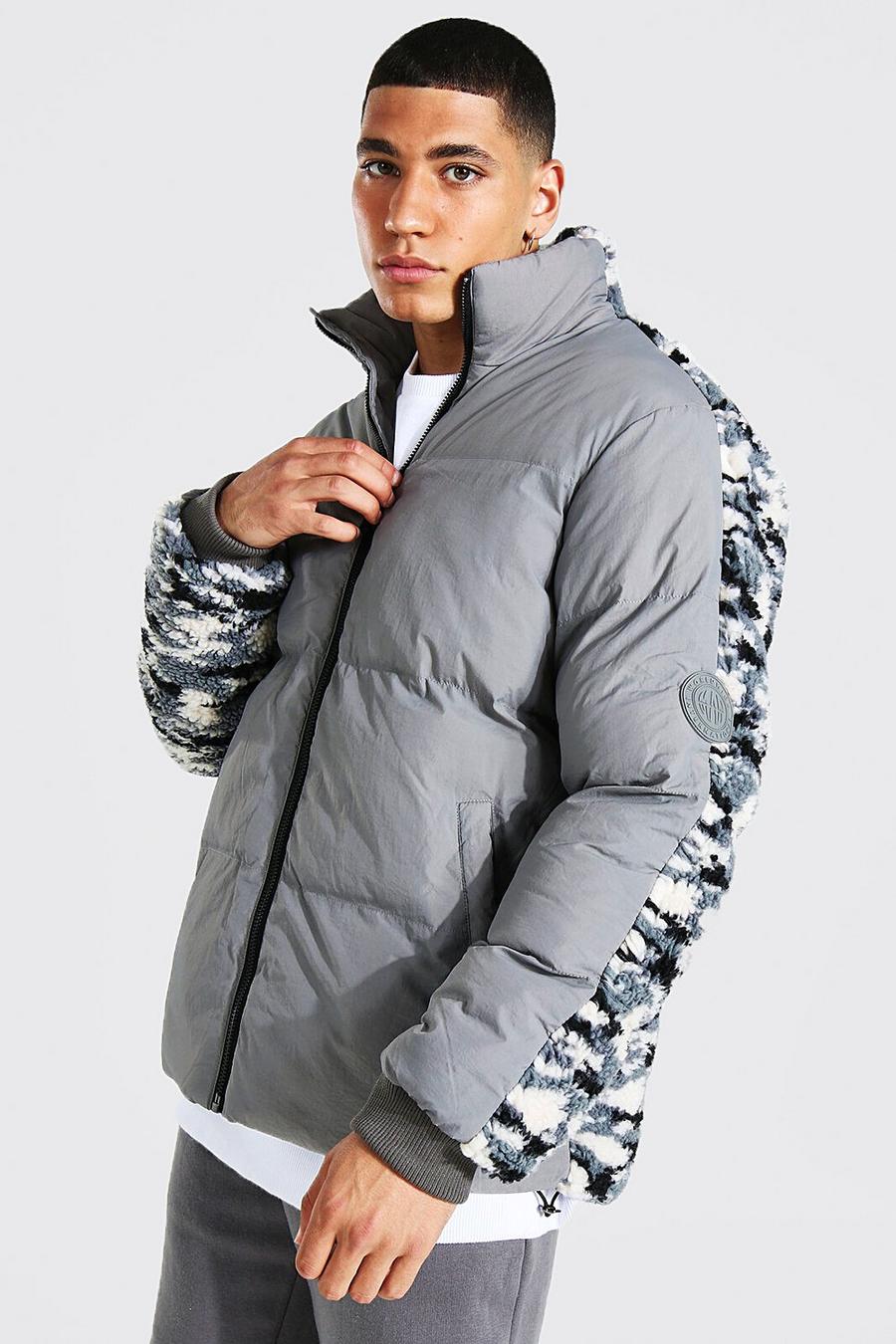 Grey Funnel Neck Puffer With Camo Borg Back Panel image number 1