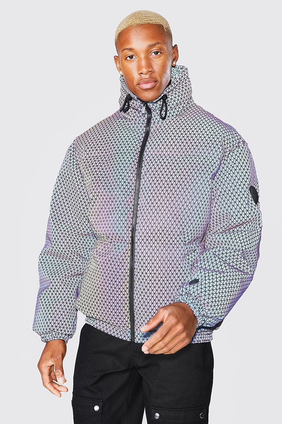 Charcoal Reflective Geo Pattern Funnel Neck Puffer image number 1