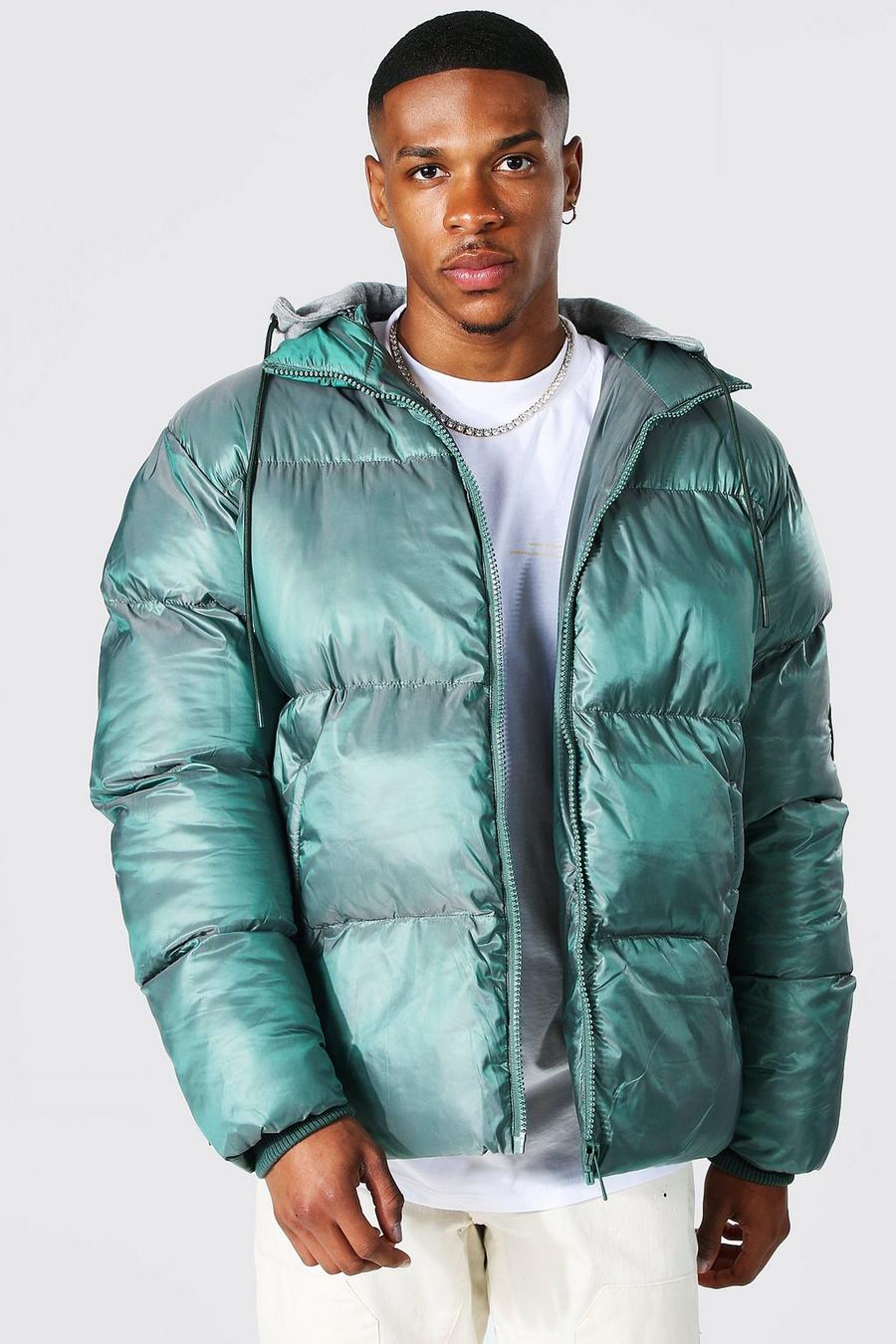 Men's Two Tone Puffer With Removable Jersey Hood | Boohoo UK