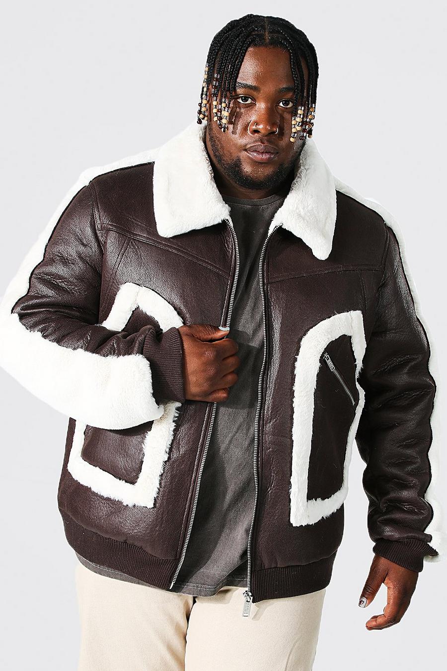 Chocolate brown Plus Leather Look Faux Fur Trim Aviator image number 1