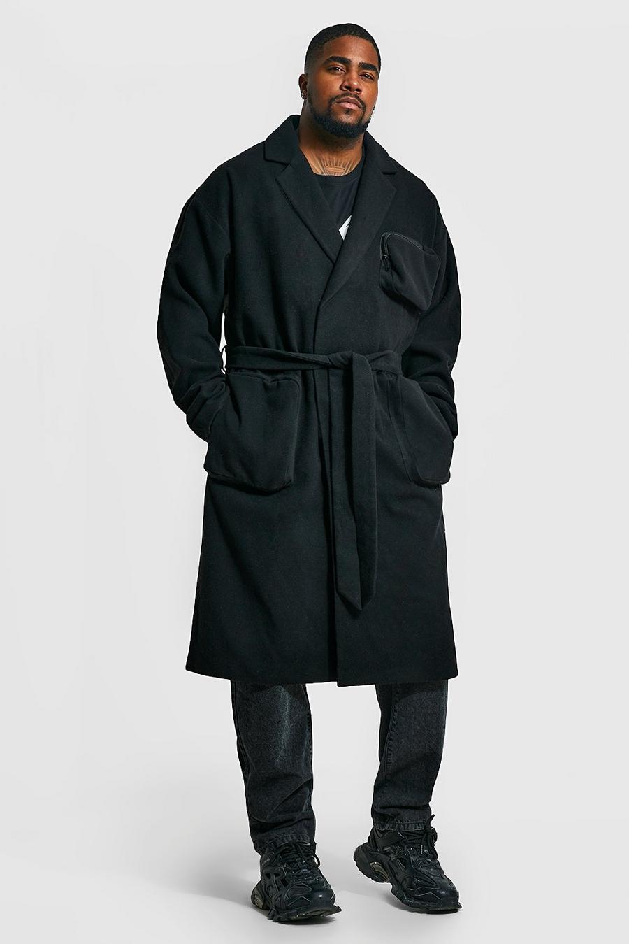 Black מעיל עליון בסגנון שימושי עם כיסי תלת-ממד וחגורה, מידות גדולות