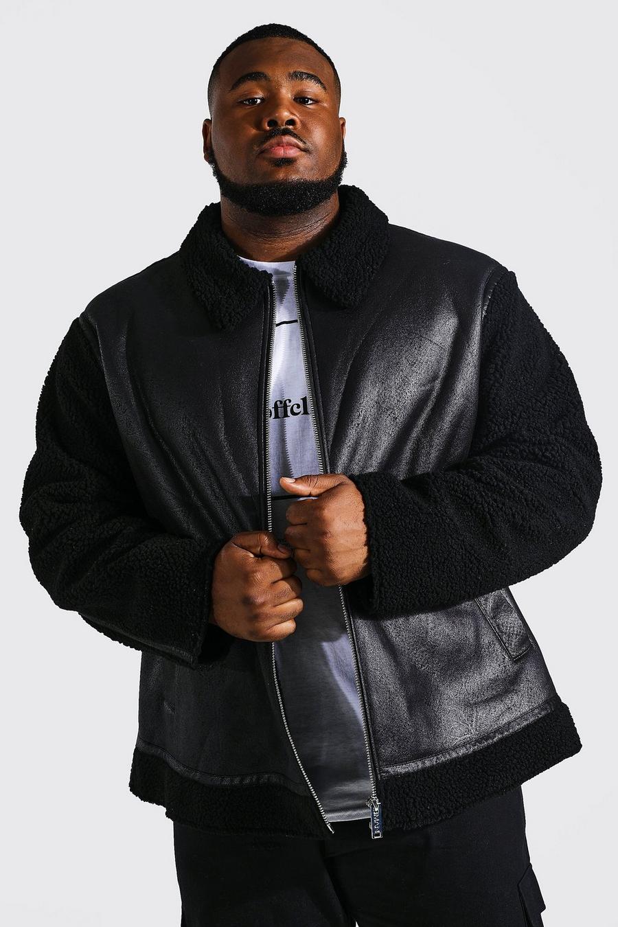Black Plus Leather Look And Borg Bomber Jacket image number 1