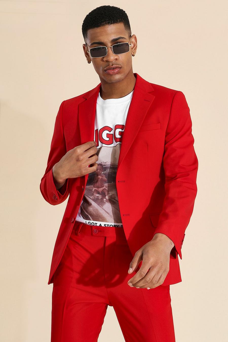 Chaqueta de traje ajustada con botonadura, Rojo image number 1