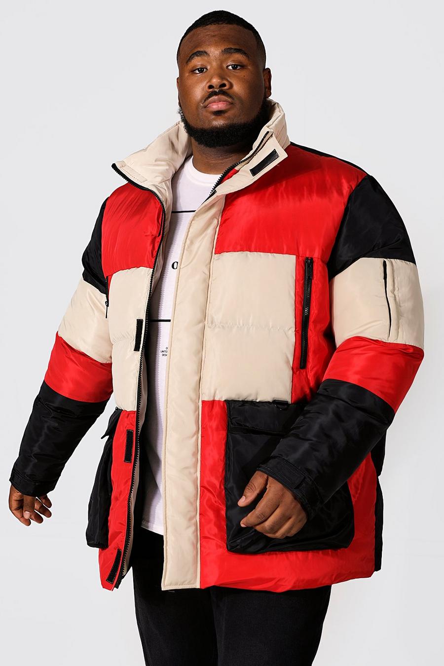 Red Plus Colour Block Padded Funnel Neck Parka image number 1