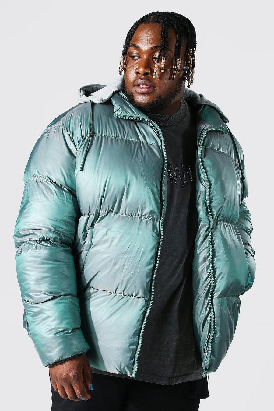 Men's Plus 2-tone Puffer With Removable Jersey Hood | Boohoo UK