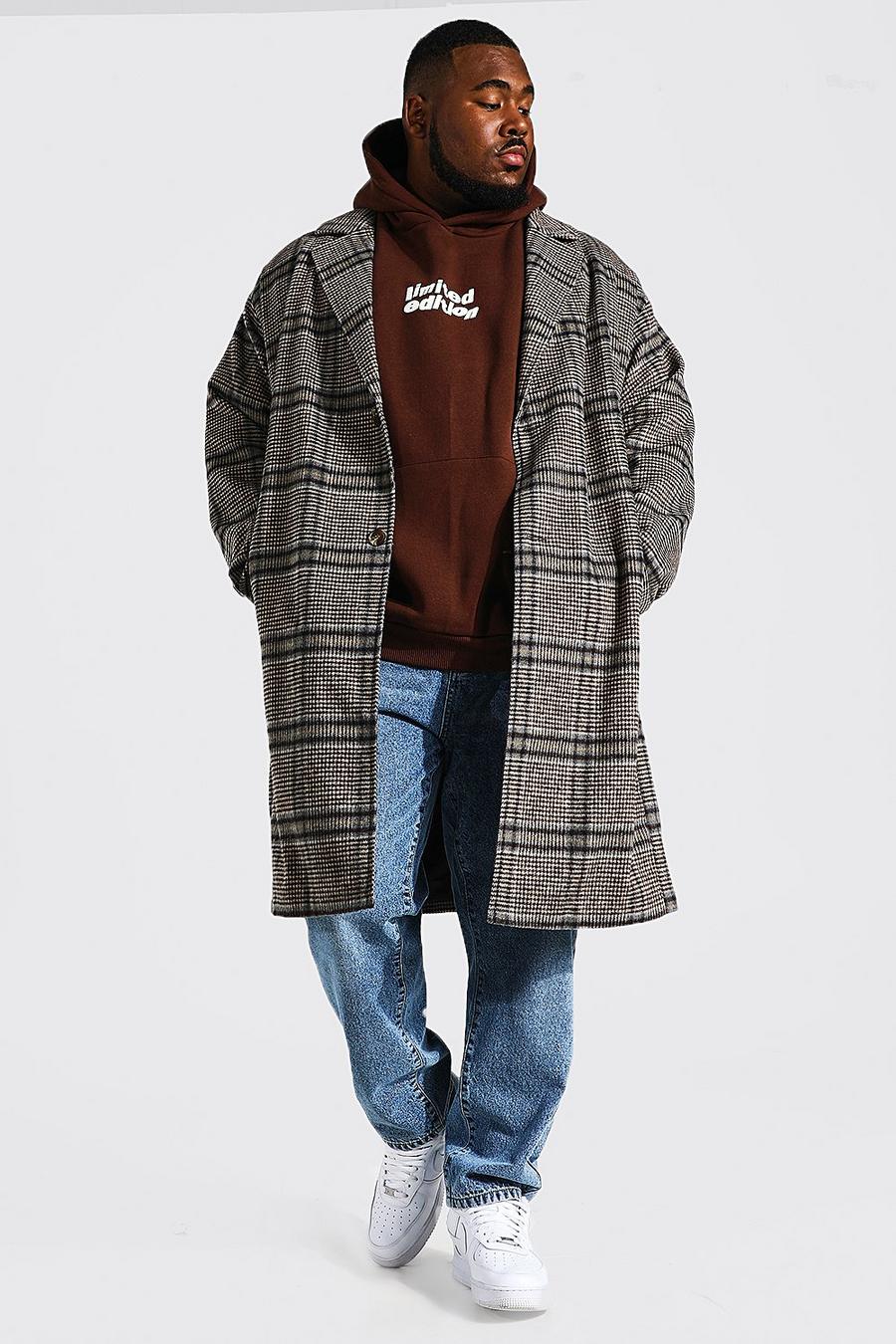 Brown Plus Grid Check Single Breasted Overcoat image number 1