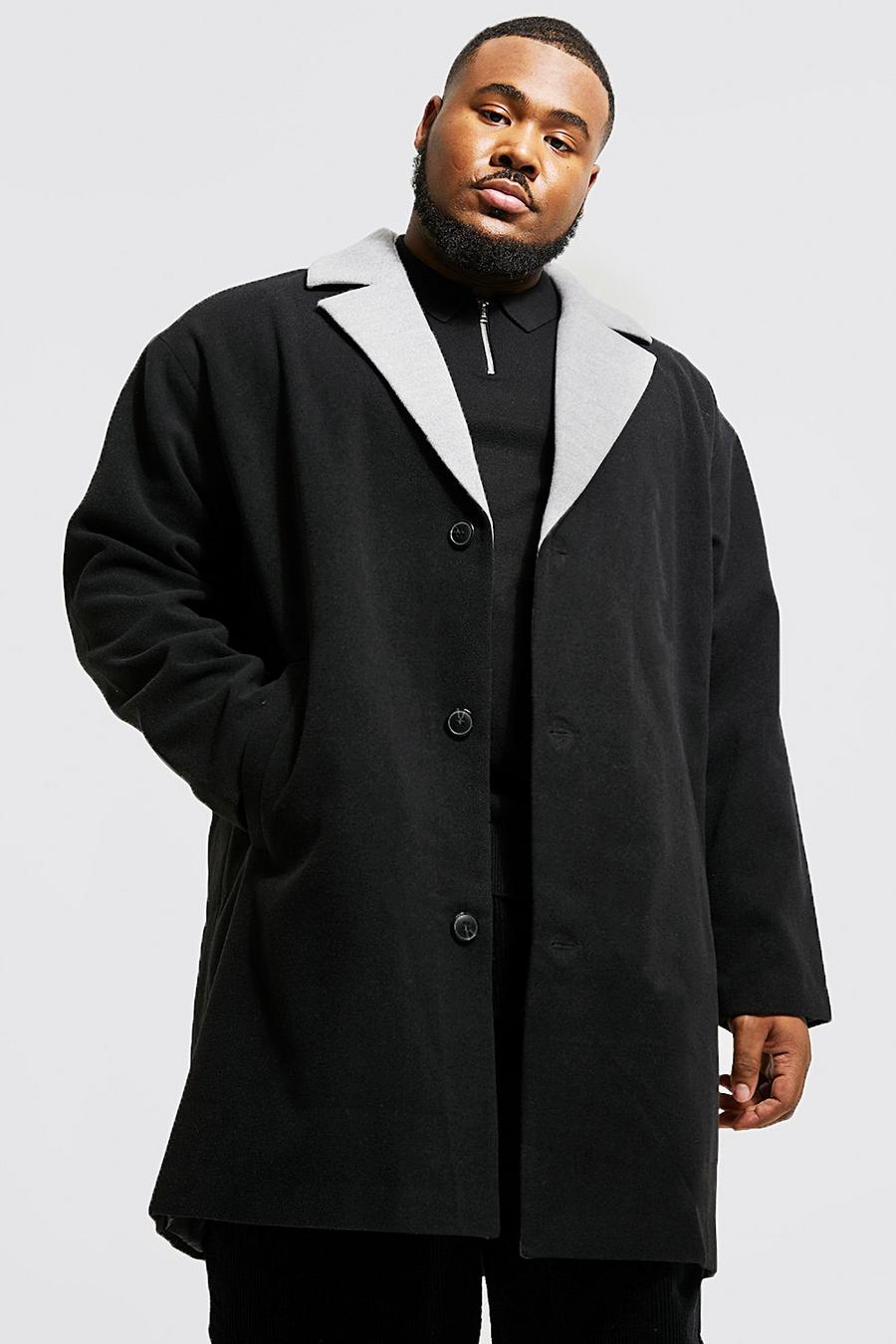 Black Plus Contrast Collar Single Breasted Overcoat image number 1
