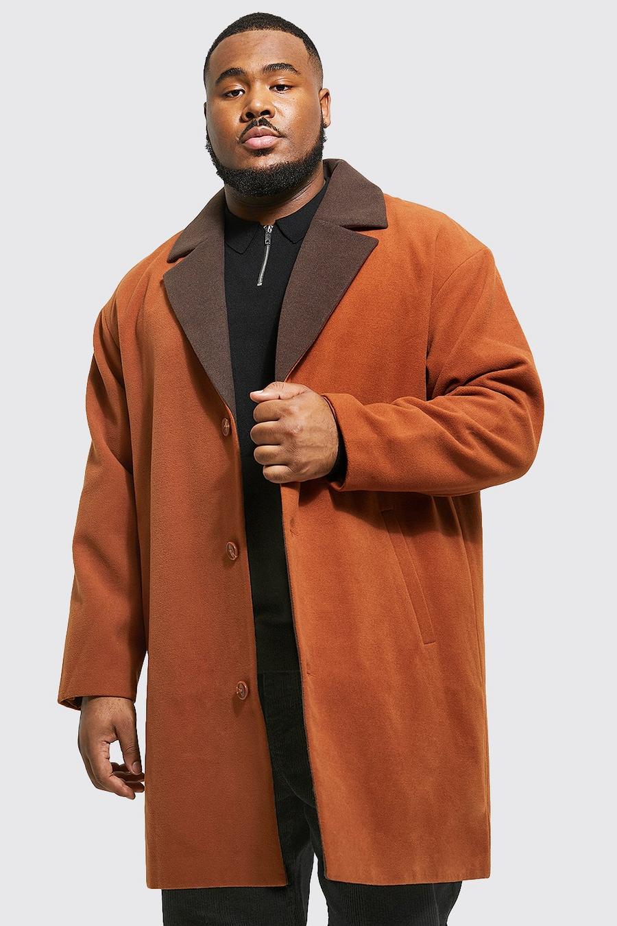 Rust Plus Contrast Collar Single Breasted Overcoat image number 1